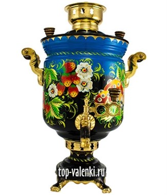 Самовар на дровах с росписью "Земляника" объем - 5 литров, форма банка