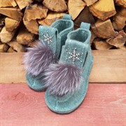 Валеши войлочные на подошве мятные со снежинкой и меховой опушкой чернобурка Валеши войлочные на подошве мятные со снежинкой и меховой опушкой чернобурка